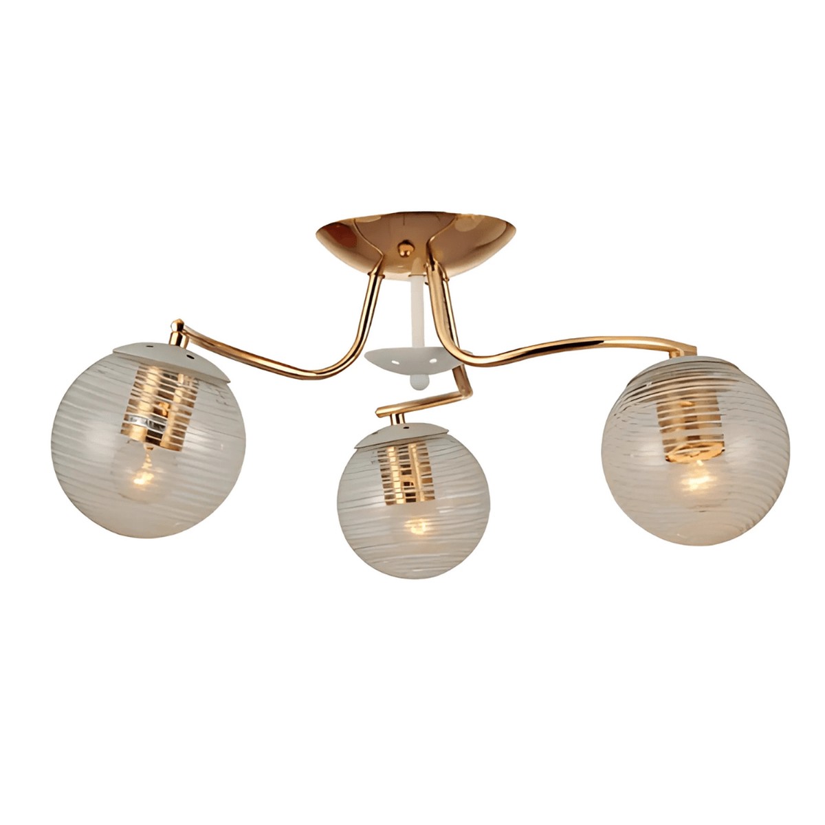 White Striped 3 Lamp Clear Globe Gold Semi Flush Ceiling Light - 40W
