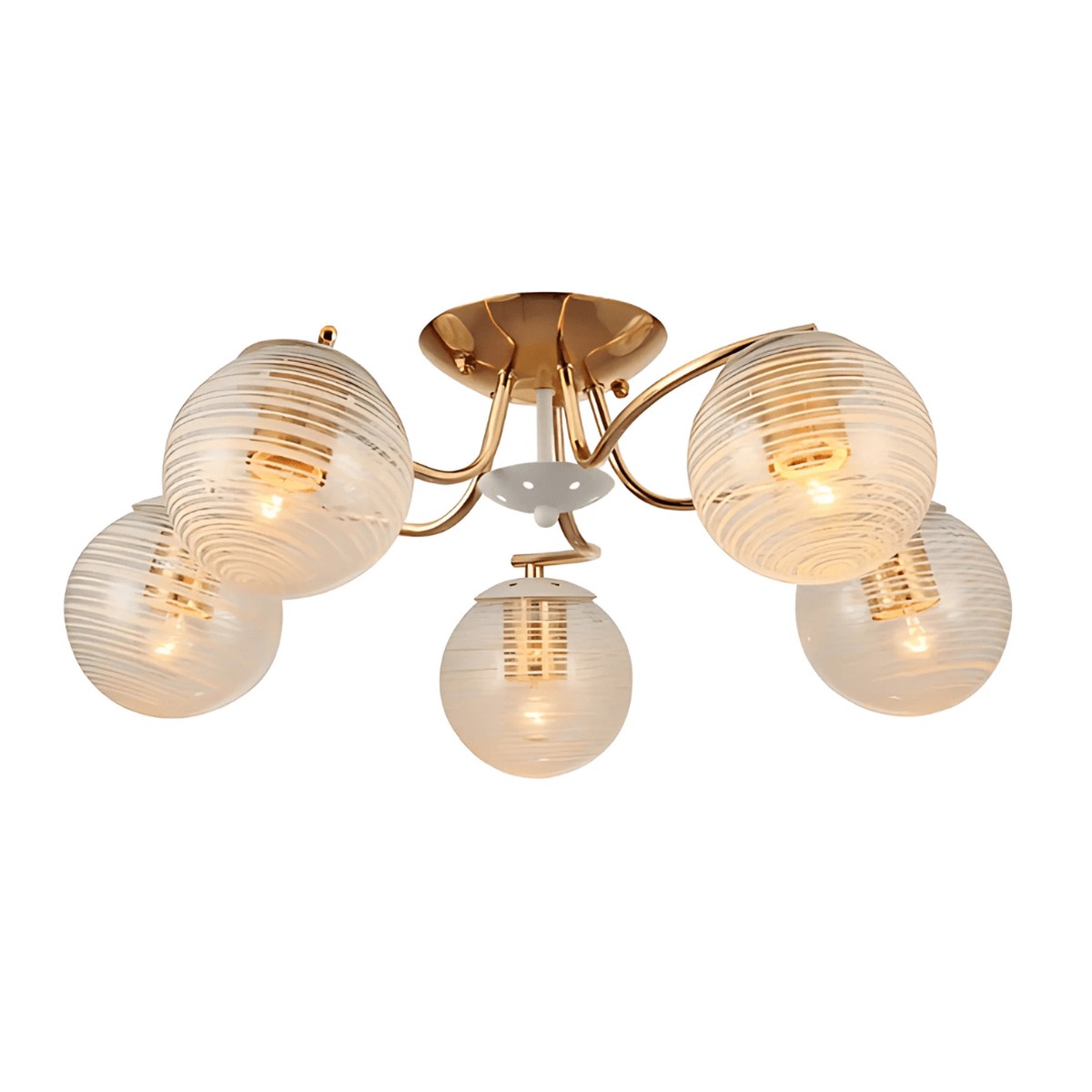 White Striped 5 Lamp Clear Globe Gold Semi Flush Ceiling Light - 40W