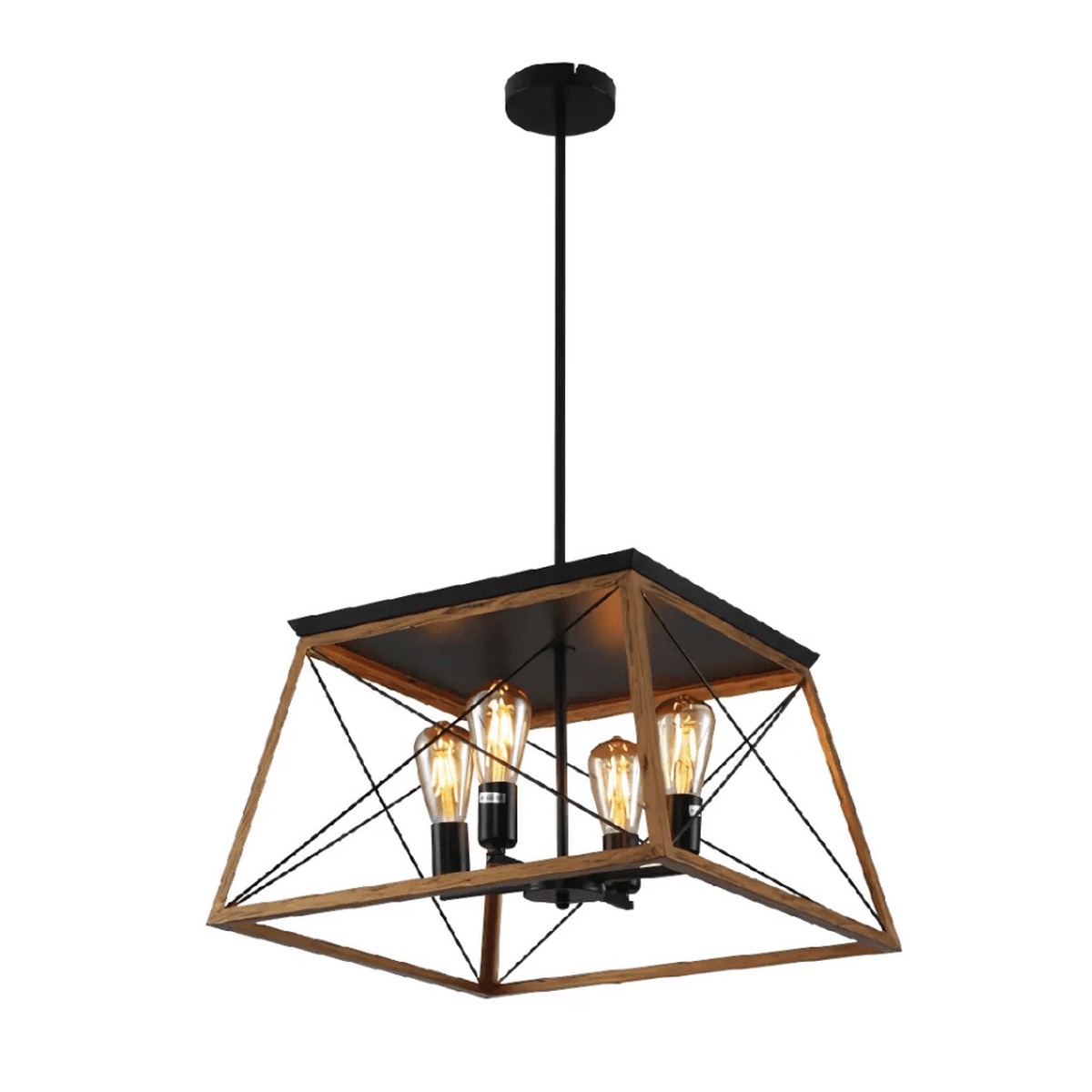 Wood And Black Caged Candle Retro Square Pendant Ceiling Light 4xE27