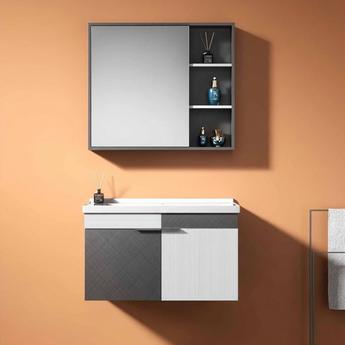 Wahkit Two-Tone Charcoal White Fluted Plywood Bathroom Vanity with Mirror Cabinet 800mm - K-9082