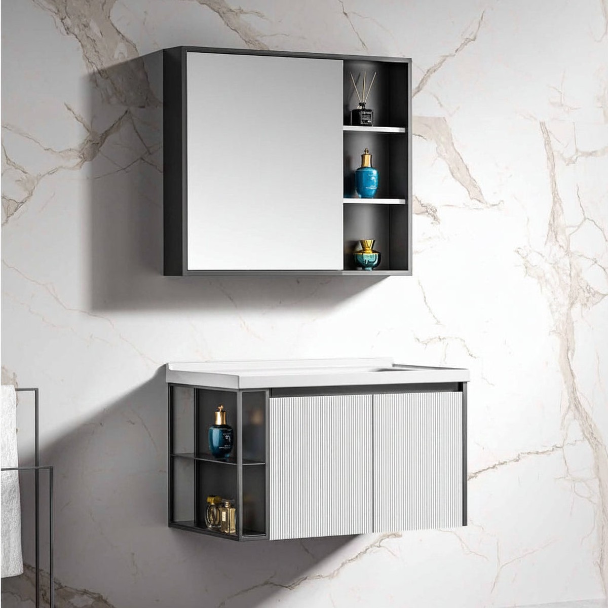 Wahkit White Fluted Plywood Bathroom Vanity with Black Accent Mirror Cabinet 800mm - K-9063