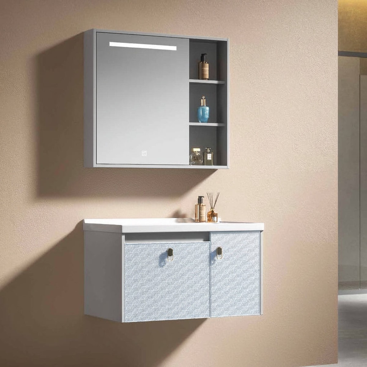 Wahkit Light Blue Grey Textured PVC Bathroom Vanity with Smart Mirror 600mm - K-9918A
