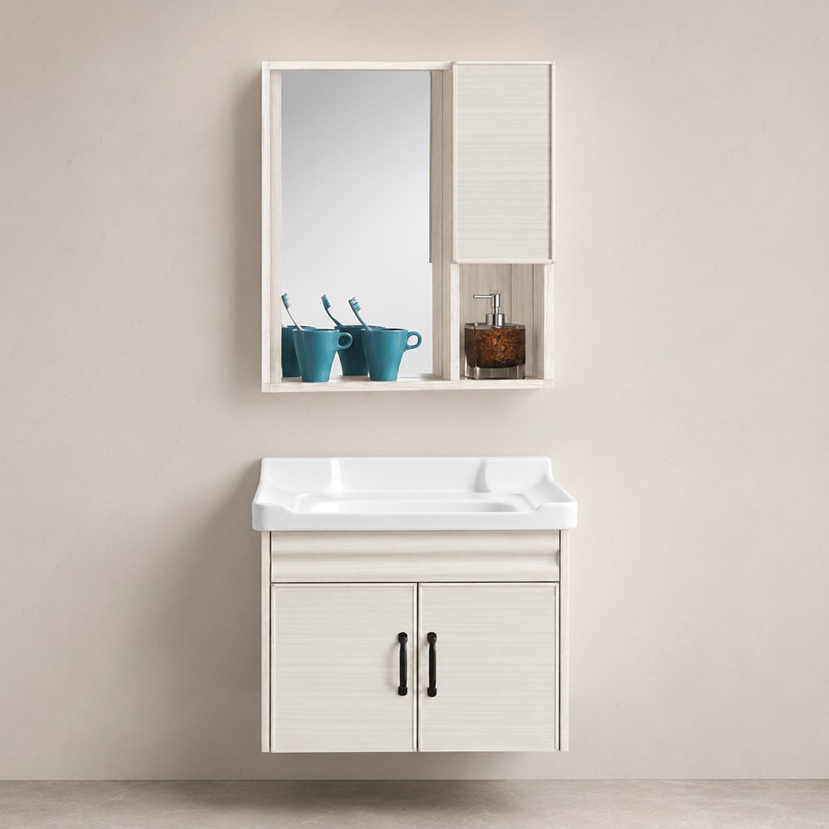 Wahkit Light Oak Double Door PVC Bathroom Vanity with Basin and Mirror 600mm - K-9270
