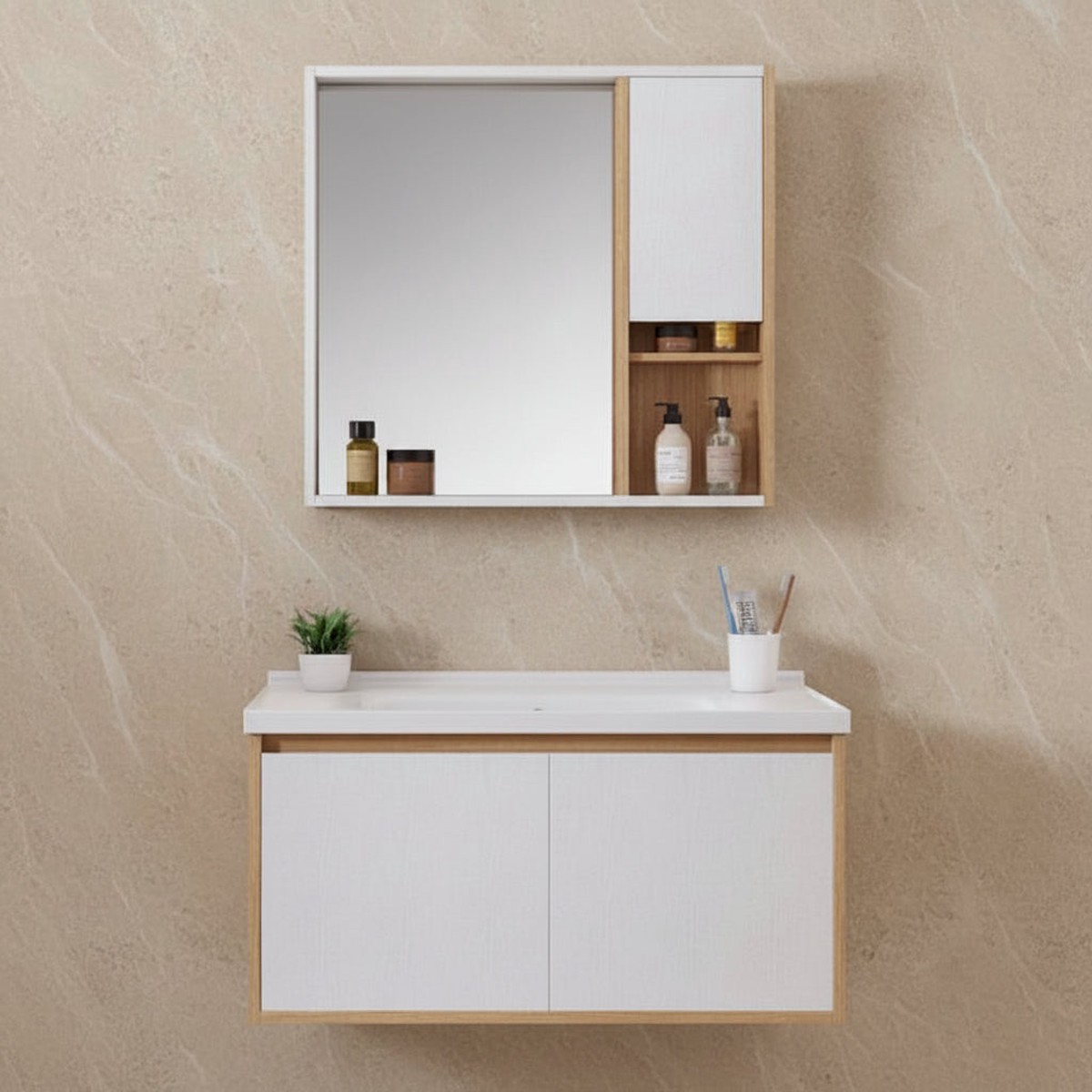 Wahkit White Light Oak Plywood Bathroom Vanity with Mirror 800mm - K-9576A