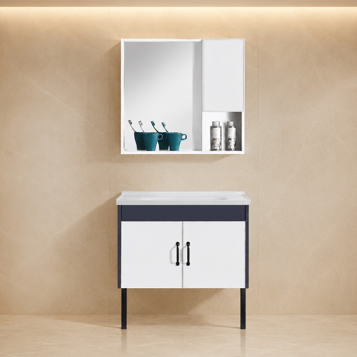 Wahkit White PVC Bathroom Vanity with Charcoal Accent and Mirror Cabinet 800mm - K-9230B