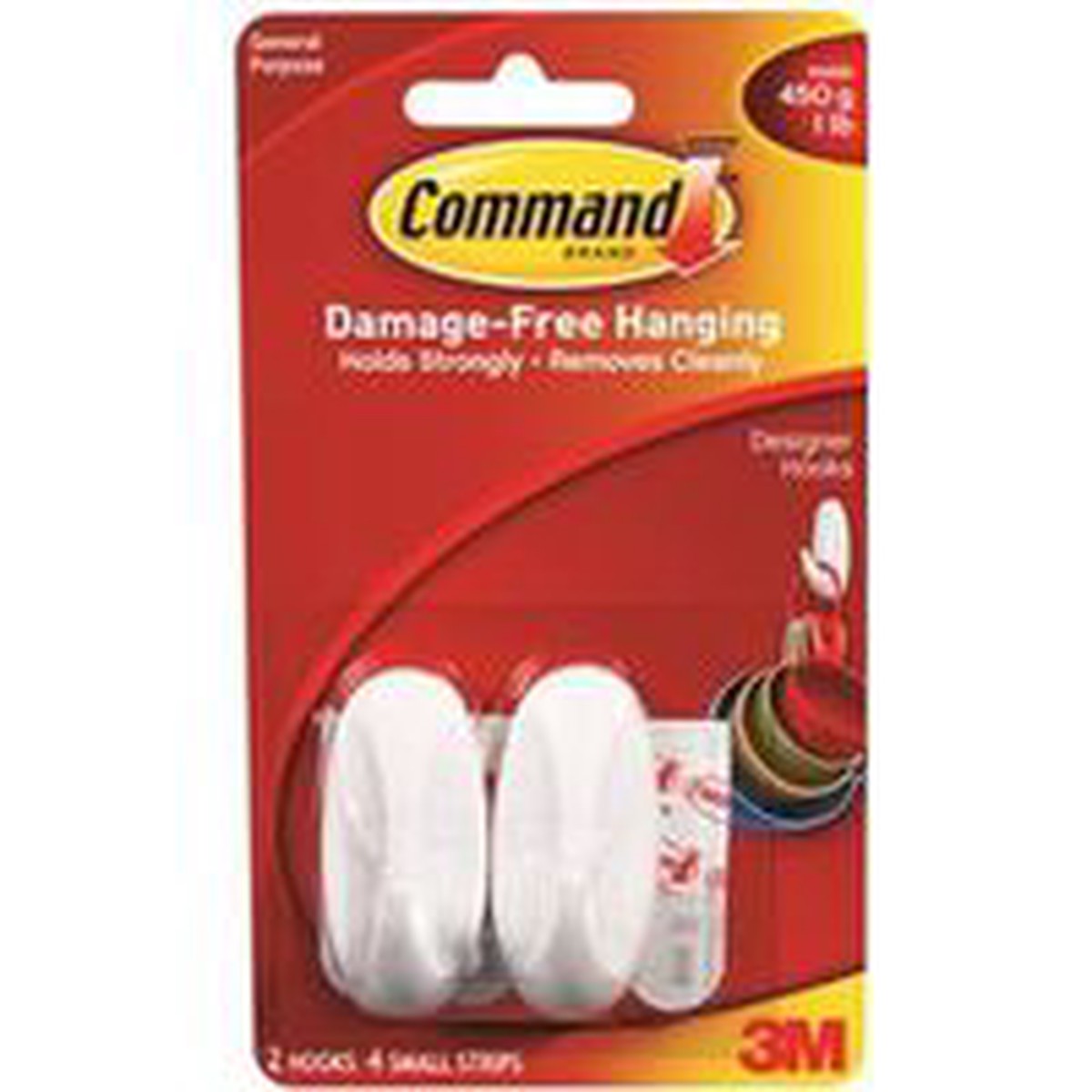 Command 17082 Designer Hook, 1/4 in Opening, 1 lb, 2 -Hook, Plastic, White