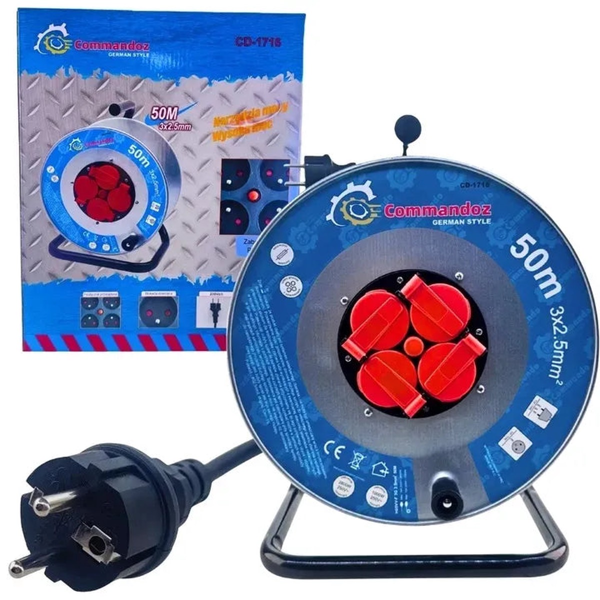 COMMANDOZ 50 m trummel-pikendusjuhe 3 2,5 mm, 4 pesa, IP44 CD-1716