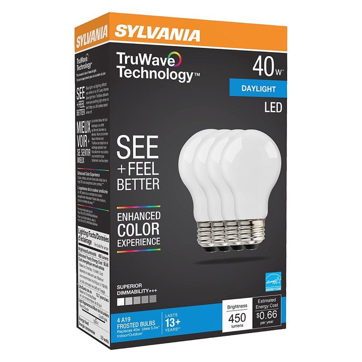 Sylvania 40669 LED Bulb, General-Purpose, Omni-Directional, A19 Lamp, 40 W Equivalent, E26 Medium Lamp Base, Dimmable